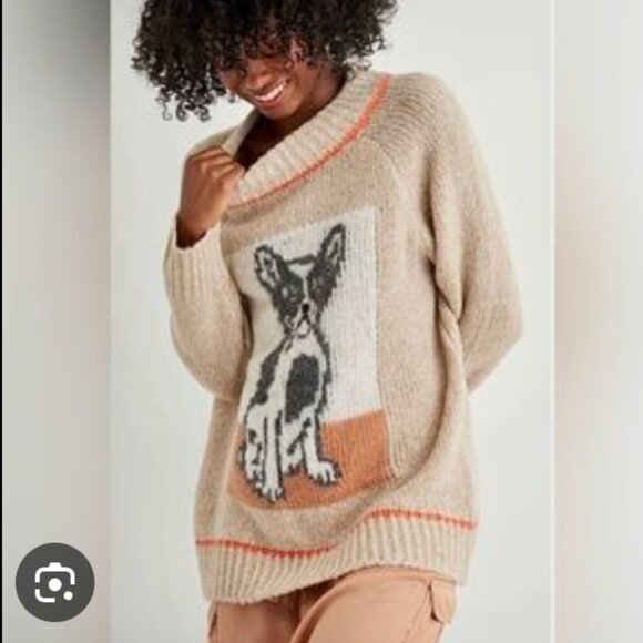 Aerie Oversized French Bulldog Boston Terrier Knit Sweater in Beige Oatmeal - Picture 2 of 8